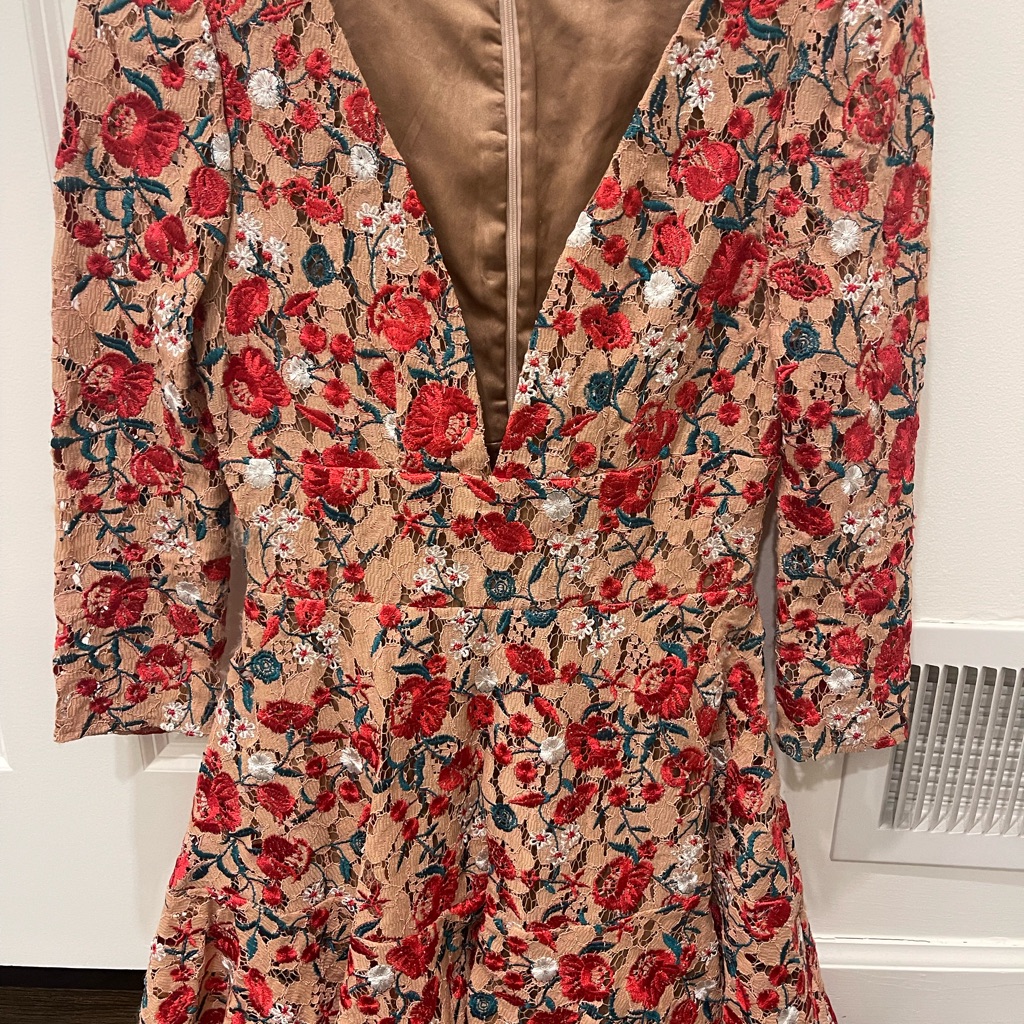 Lovers + Friends Taupe Lace Long-Sleeve Dress With Red Floral Embroidery